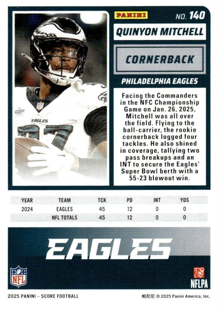 2025 Panini Score Quinyon Mitchell #140 Philadelphia Eagles
