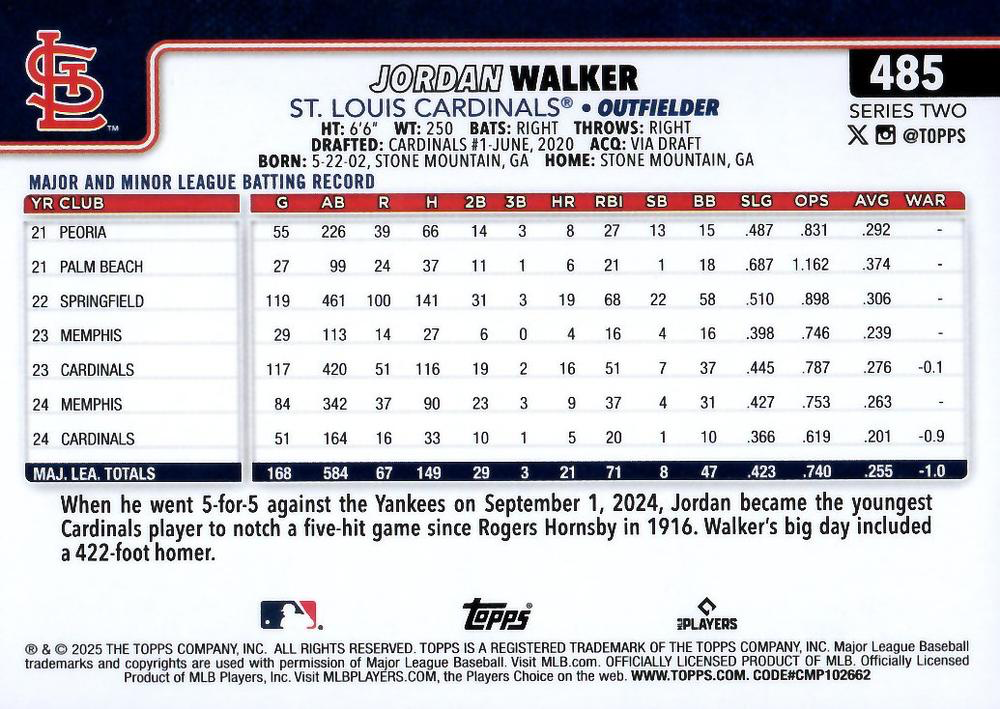2025 Topps Series 2 Jordan Walker #485 St. Louis Cardinals