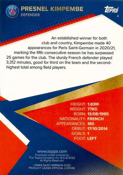 2021 Topps PSG Team Set Presnel Kimpembe #4 Paris Saint-Germain