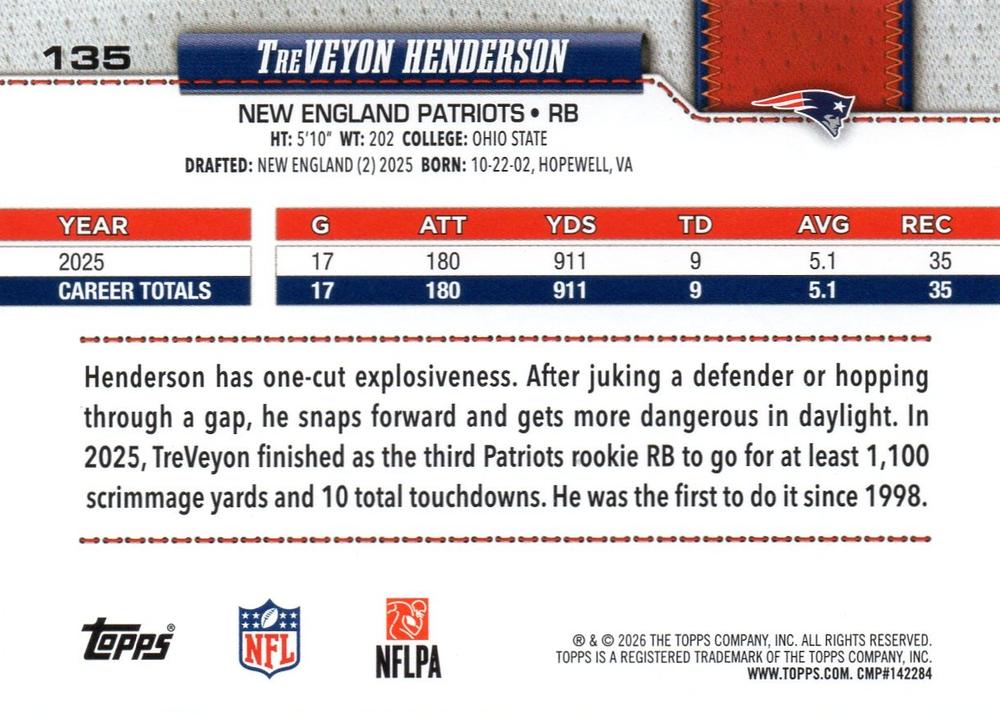 2026 Topps Flagship TreVeyon Henderson #135 New England Patriots