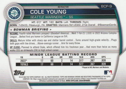 2023 Topps Bowman Chrome Prospects Lunar Glow Refractor Cole Young Seattle Mariners #BCP-9