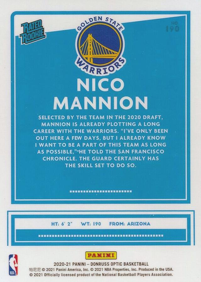 2020 Panini Donruss Optic Nico Mannion Rated Rookie RC #190 Golden State Warriors