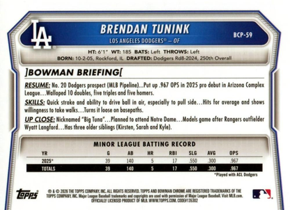 2026 Topps Bowman Chrome Prospects Brendan Tunink #BP-59 Los Angeles Dodgers