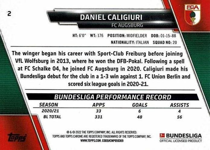 2021 Topps Chrome Bundesliga Daniel Caligiuri #2 FC Augsburg