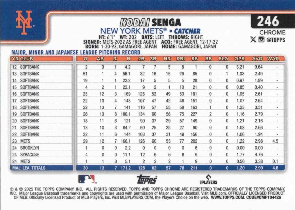 2025 Topps Chrome MLB Kodai Senga #246 New York Mets