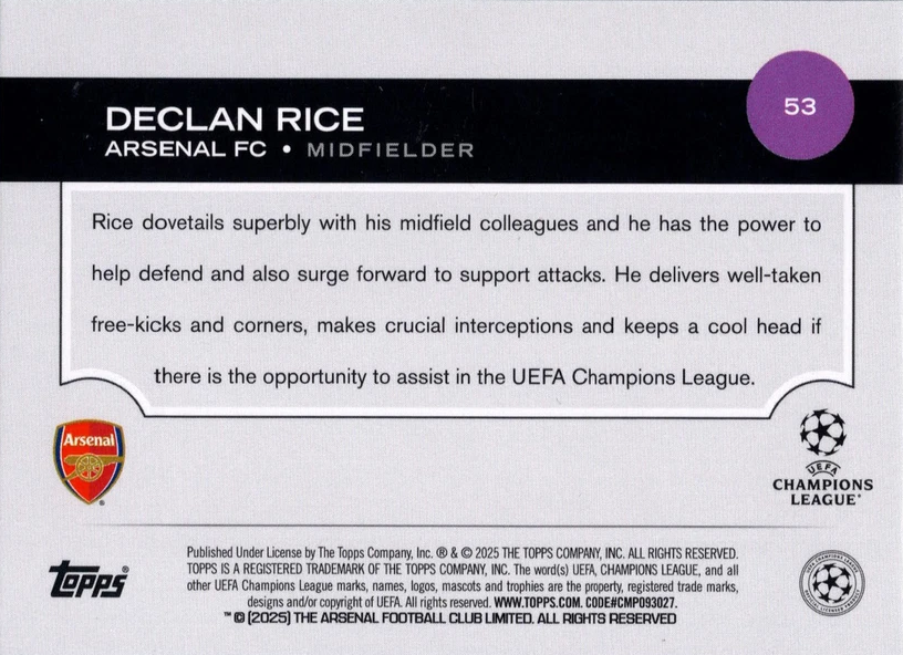 2024 Topps UCC Declan Rice Rain Drops Foil #53 Arsenal FC