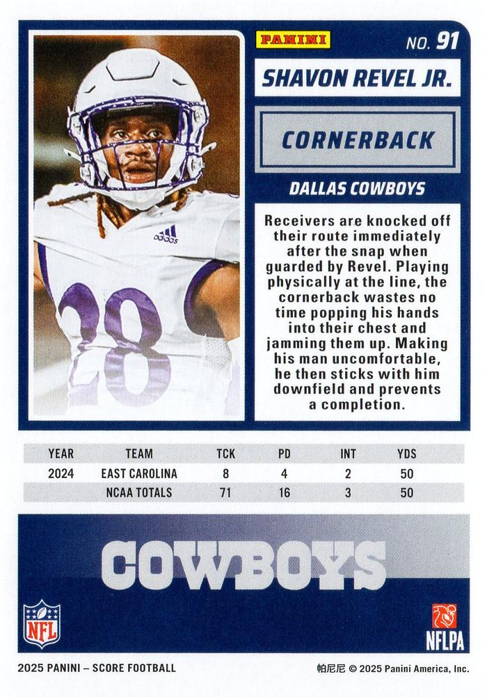 2025 Panini Score Shavon Revel Jr. RC #91 Dallas Cowboys