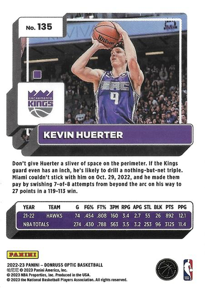 2022 Panini Donruss Optic Kevin Huerter #135 Sacramento Kings