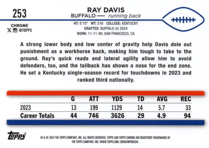 2024 Topps Chrome Football Ray Davis RC #253 Buffalo Bills