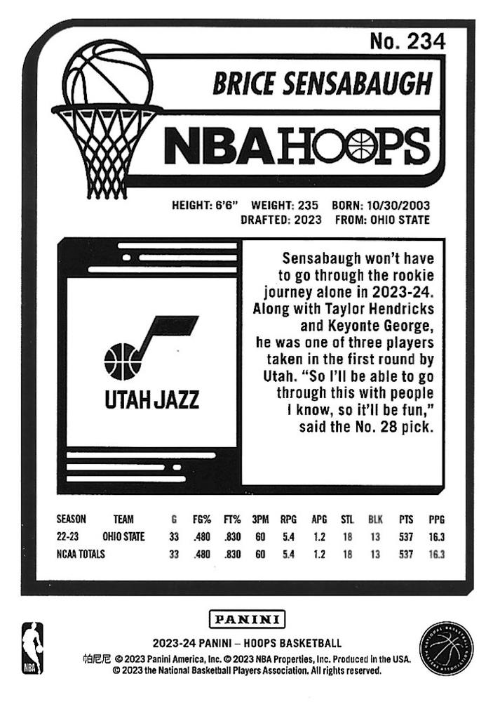2023 Panini Hoops Brice Sensabaugh RC #234 Utah Jazz