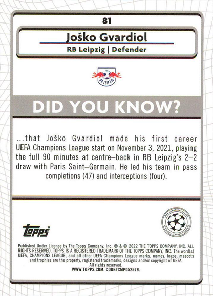 2021 Topps Merlin UEFA Club Competitions Josko Gvardiol RC #81 RB Leipzig