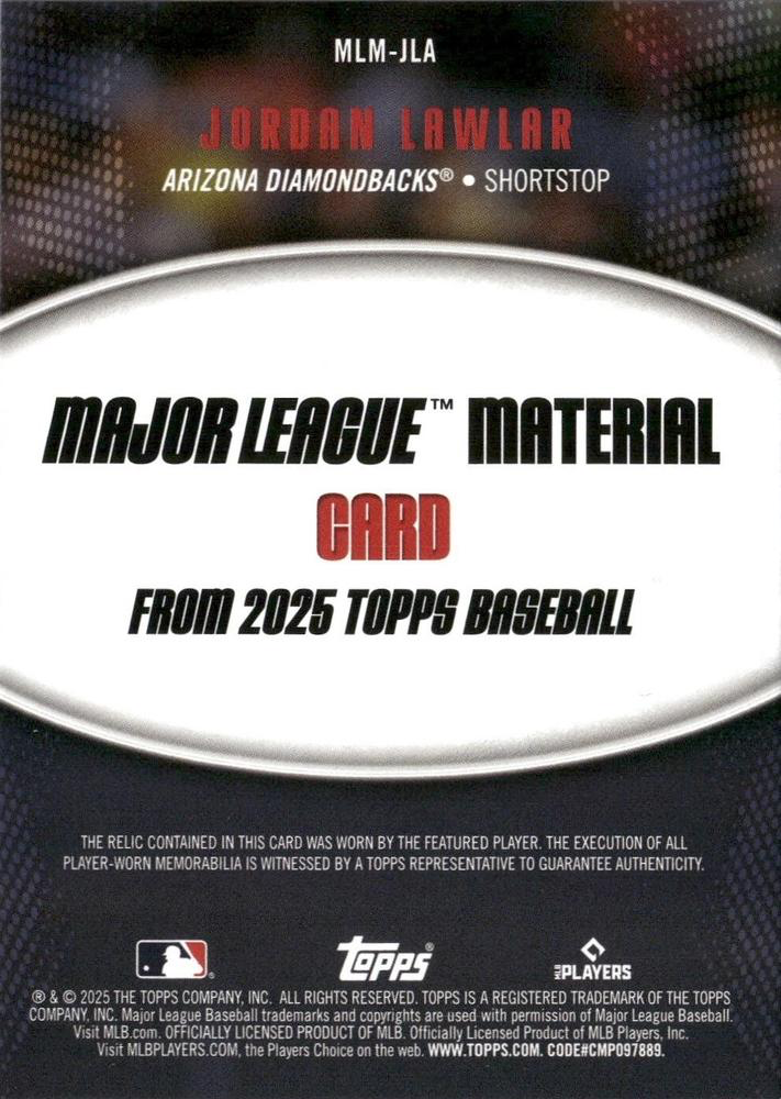 2025 Topps Series 1 Major League Material Relic Jordan Lawlar #MLM-JLA Arizona Diamondbacks