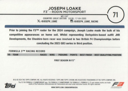 2024 Topps Chrome Formula 1 Joseph Loake F3D #71 Rodin Motorsport
