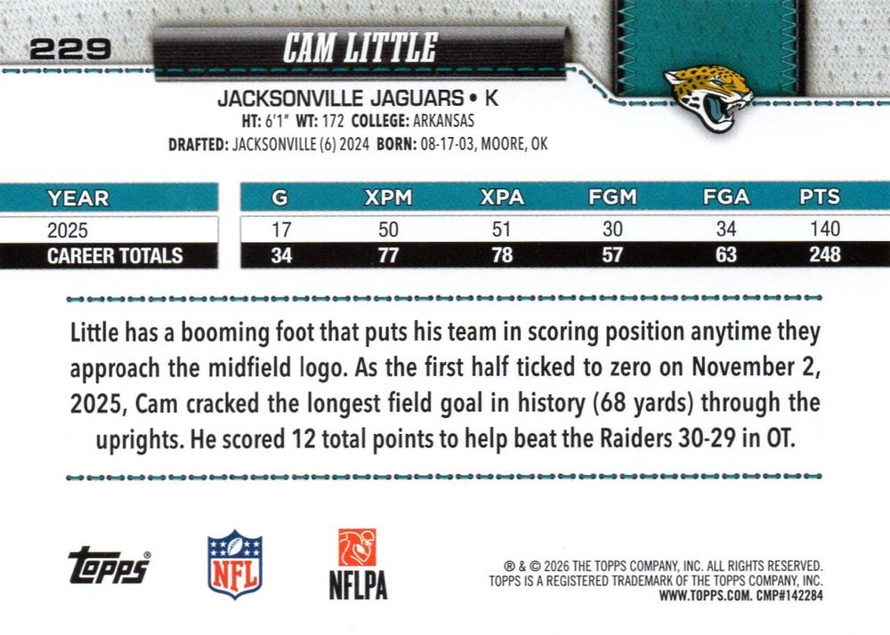 2026 Topps Flagship Cam Little #229 Jacksonville Jaguars