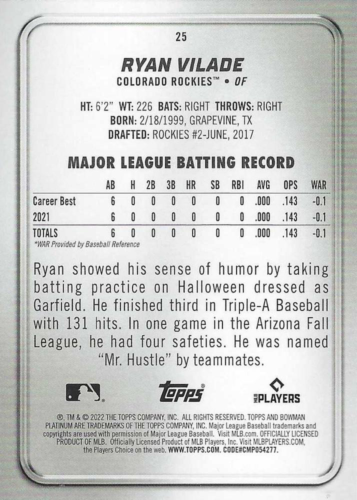 2022 Topps Bowman Platinum Ryan Vilade RC Colorado Rockies #25