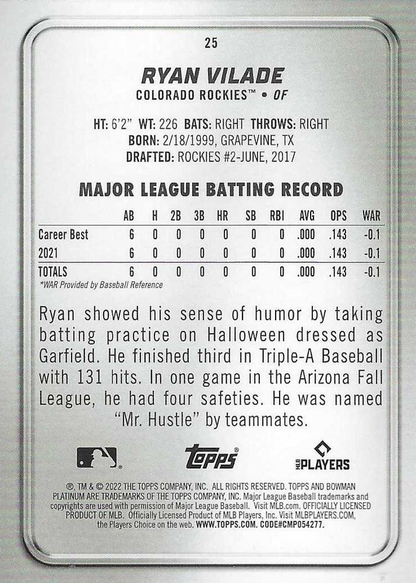2022 Topps Bowman Platinum Ryan Vilade RC Colorado Rockies #25