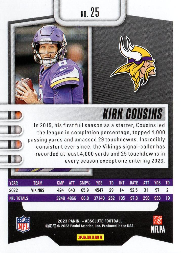 2023 Panini Absolute Kirk Cousins #25 Minnesota Vikings