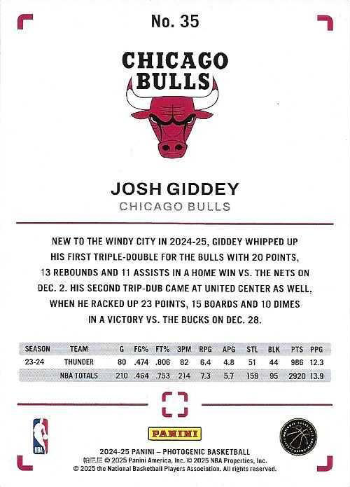 2024 Panini Photogenic Josh Giddey #35 Chicago Bulls