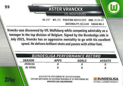 2021 Topps Chrome Bundesliga Aster Vranckx RC #99 VfL Wolfsburg