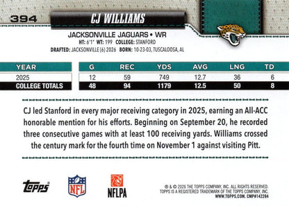 2026 Topps Flagship RC CJ Williams #394 Jacksonville Jaguars