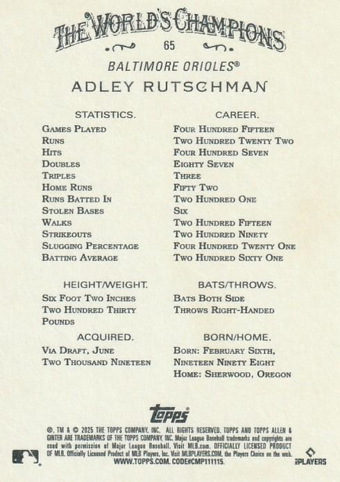 2025 Topps Allen & Ginter Adley Rutschman #65 Baltimore Orioles