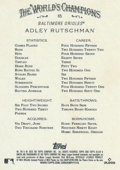 2025 Topps Allen & Ginter Adley Rutschman #65 Baltimore Orioles