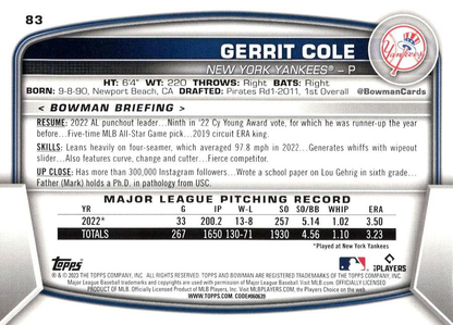 2023 Topps Bowman Gerrit Cole New York Yankees #83