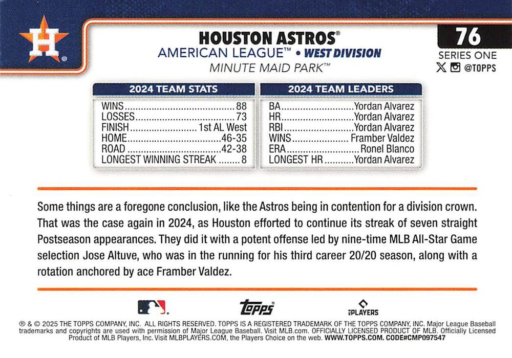 2025 Topps Series 1 Team Card Houston Astros #76