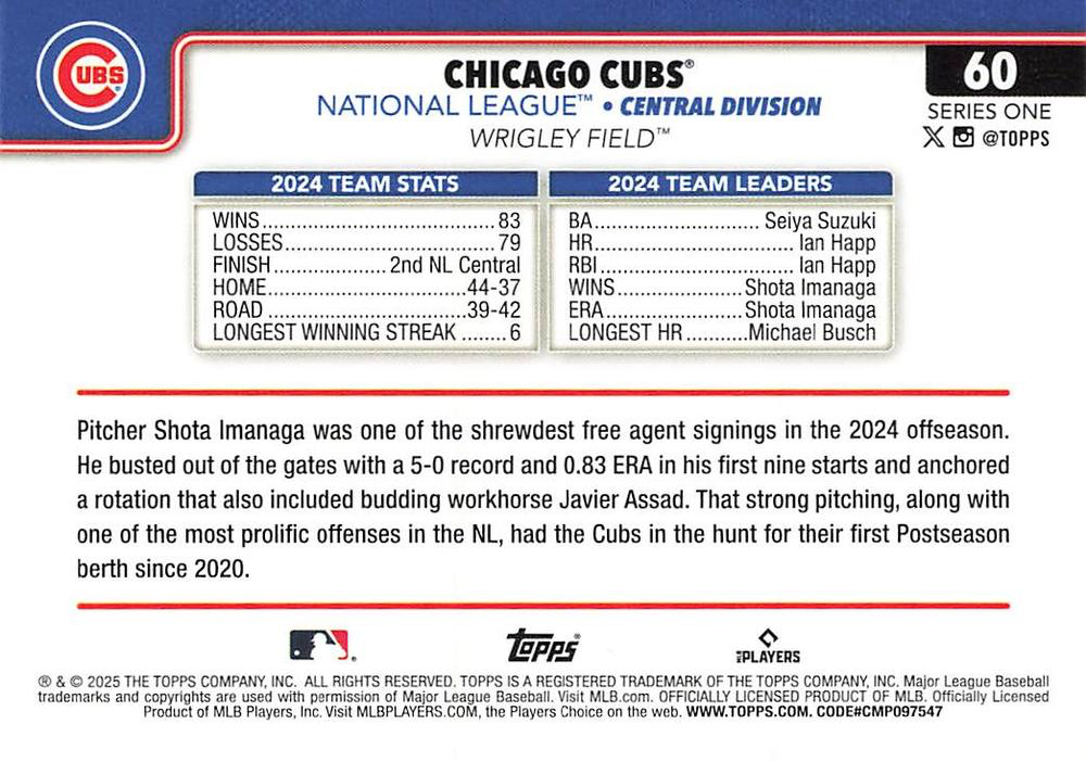 2025 Topps Series 1 Team Card Chicago Cubs #60