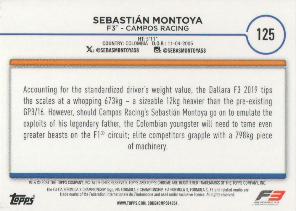 2024 Topps Chrome Formula 1 Sebastian Montoya F3C #125 Campos Racing