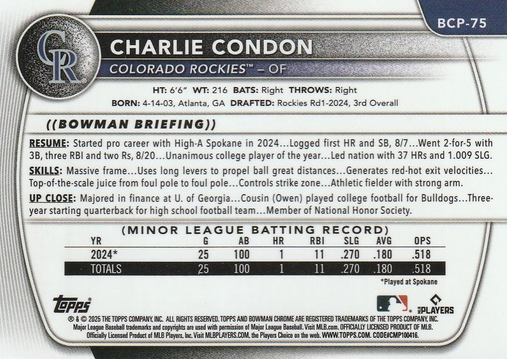 2025 Topps Bowman Chrome Prospects Charlie Condon 1st #BCP-75 Colorado Rockies