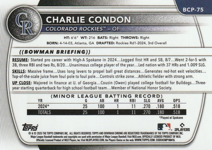 2025 Topps Bowman Chrome Prospects Charlie Condon 1st #BCP-75 Colorado Rockies
