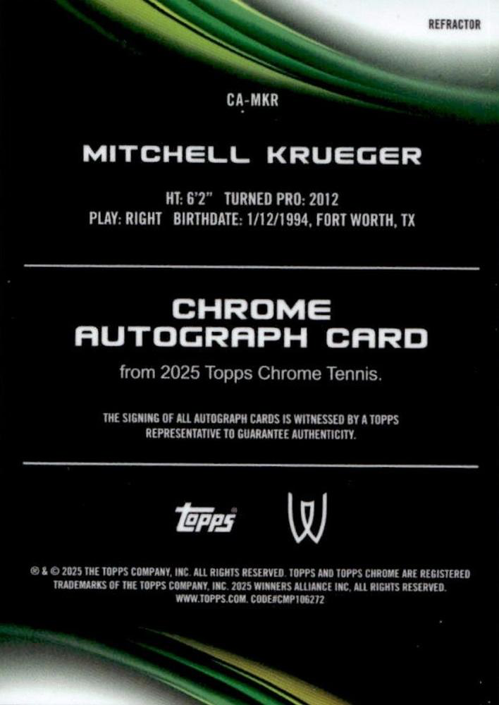 2025 Topps Chrome Tennis Refractor Autograph Mitchell Krueger #CA-MKR