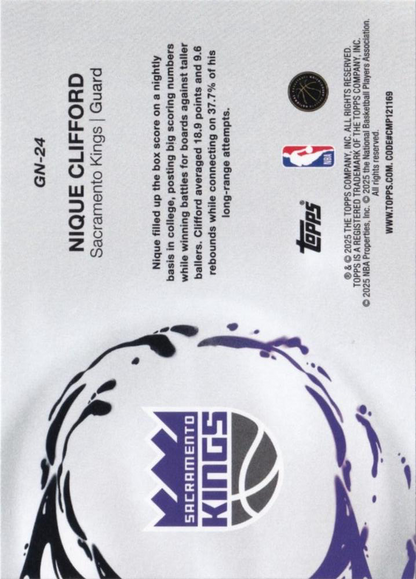 2025 Topps NBA Generation Now Nique Clifford GN-24 Sacramento Kings