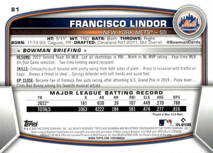 2023 Topps Bowman Francisco Lindor New York Mets #81