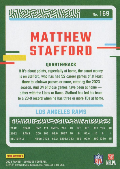 2023 Panini Donruss Matthew Stafford #169 Los Angeles Rams