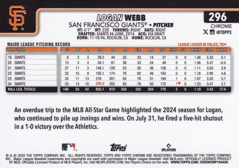 2025 Topps Chrome MLB Logan Webb #296 San Francisco Giants