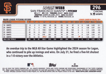 2025 Topps Chrome MLB Logan Webb #296 San Francisco Giants