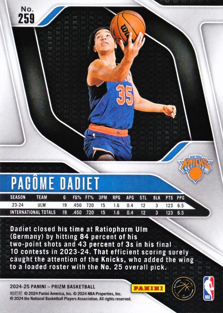 2024 Panini Prizm Pacome Dadiet RC #259 New York Knicks