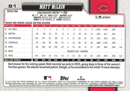 2026 Topps Series 1 Matt McLain #81 Cincinnati Reds