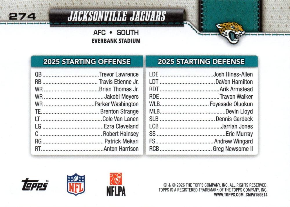2026 Topps Flagship Team Card #274 Jacksonville Jaguars