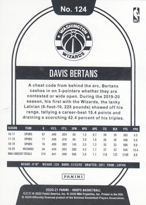 2020 Panini Hoops Davis Bertans #124 Washington Wizards