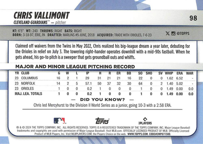 2024 Topps Big League Common Chris Vallimont RC Cleveland Guardians #98