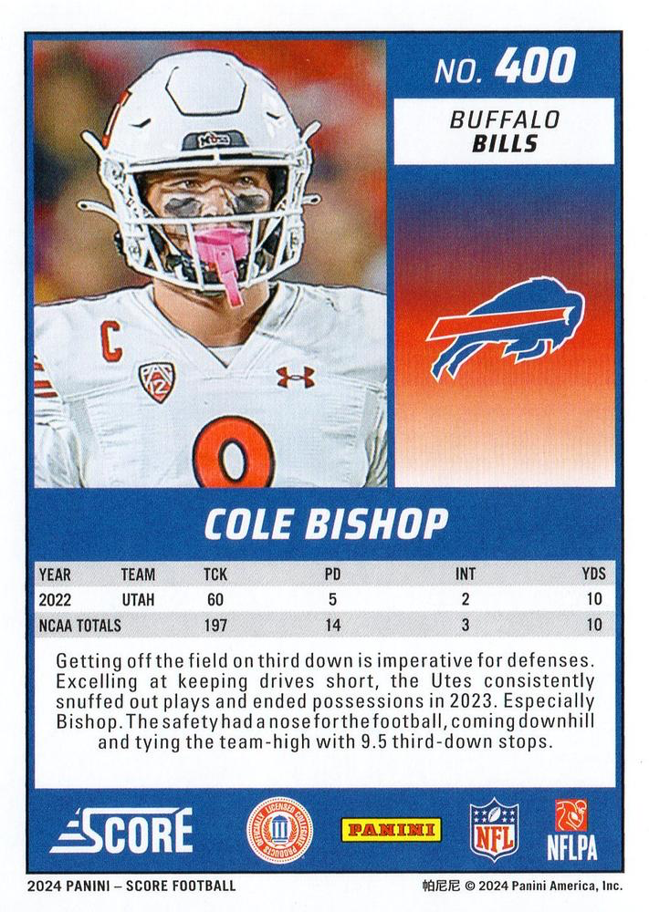 2024 Panini Score Football Cole Bishop Buffalo Bills #400 RC