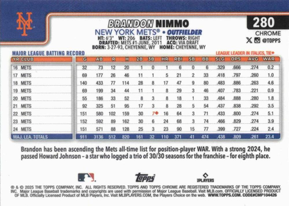 2025 Topps Chrome MLB Brandon Nimmo #280 New York Mets