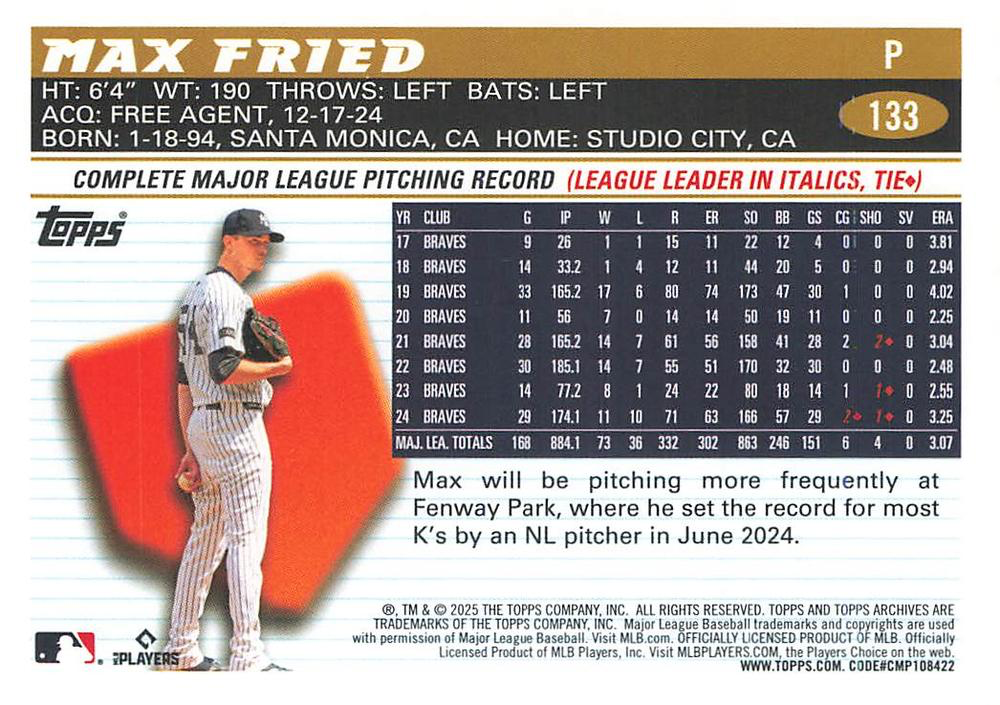 2025 Topps Archives Max Fried #133 New York Yankees