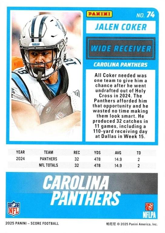 2025 Panini Score Jalen Coker #74 Carolina Panthers