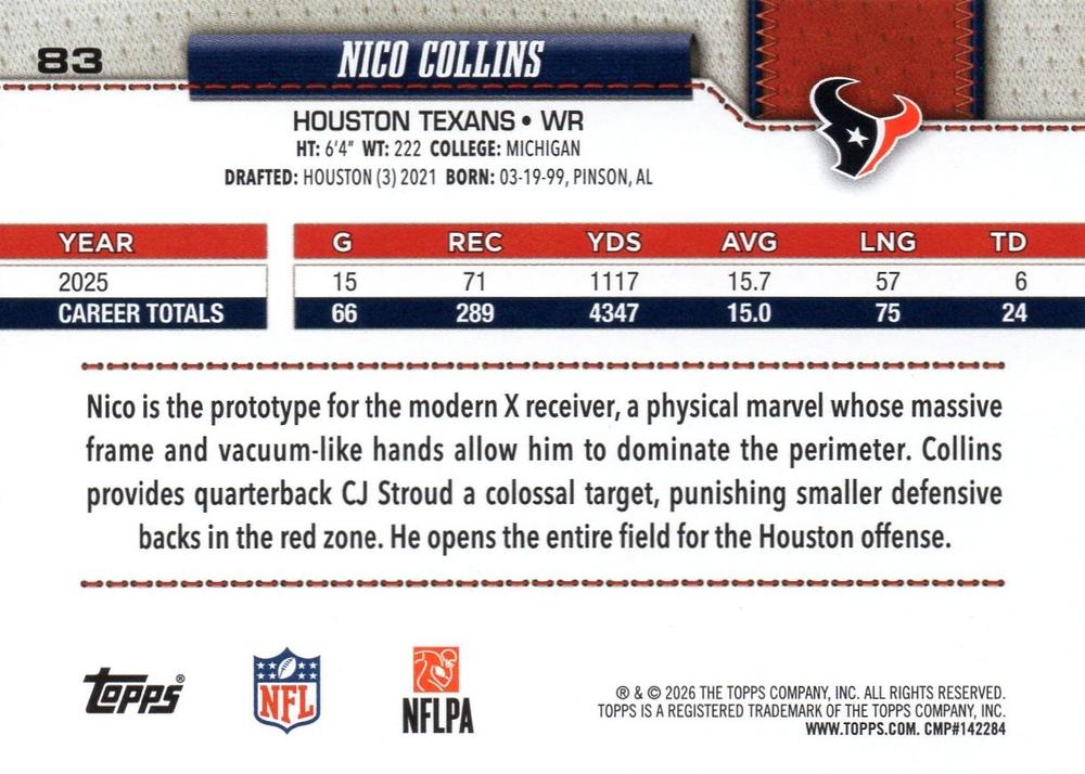 2026 Topps Flagship Nico Collins #83 Houston Texans