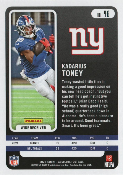 2022 Panini Absolute Kadarius Toney #46 New York Giants