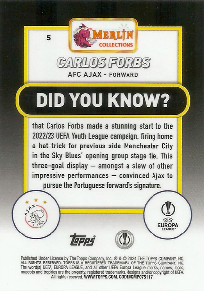 2023 Topps Merlin Chrome UCC Carlos Forbs RC #5 Ajax